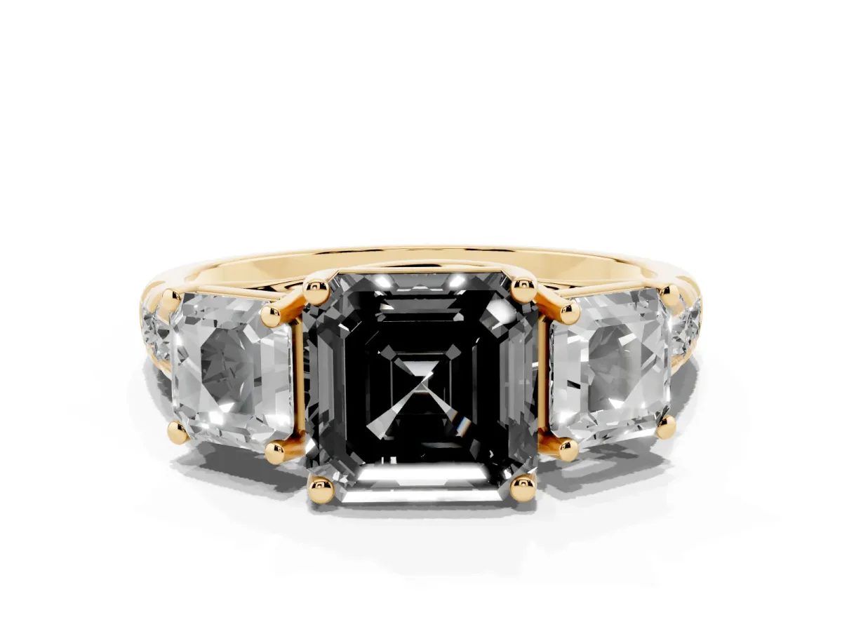 Fancy Black Three-Stone Asscher Cut Diamond Pavé Band with Prong Setting Yellow gold