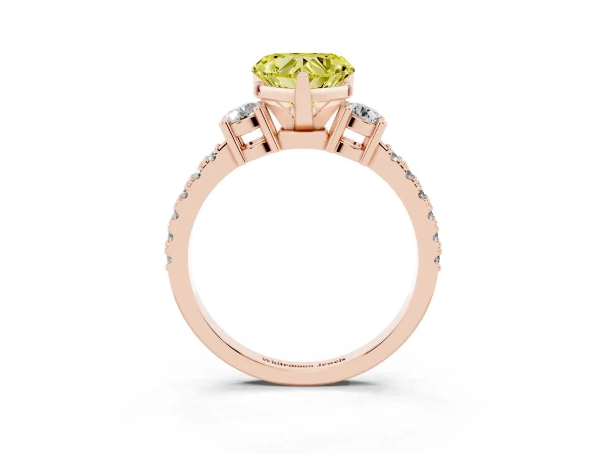 Fancy Yellow Heart Cut Three-Stone Diamond Pavé Band with Prong Setting Rose gold