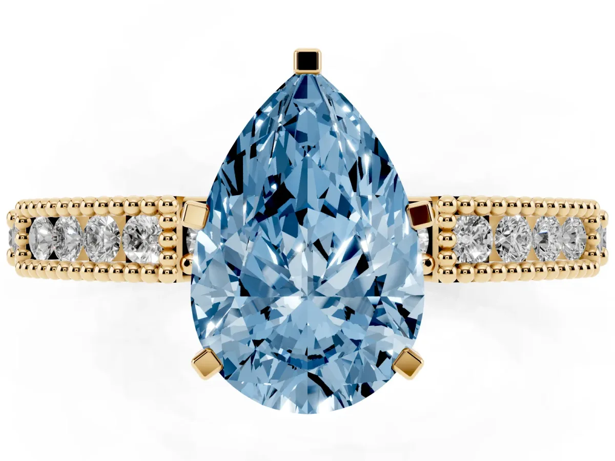 Fancy Blue Pear Cut Solitaire with Pavé Band and Four-Prong Setting Yellow gold