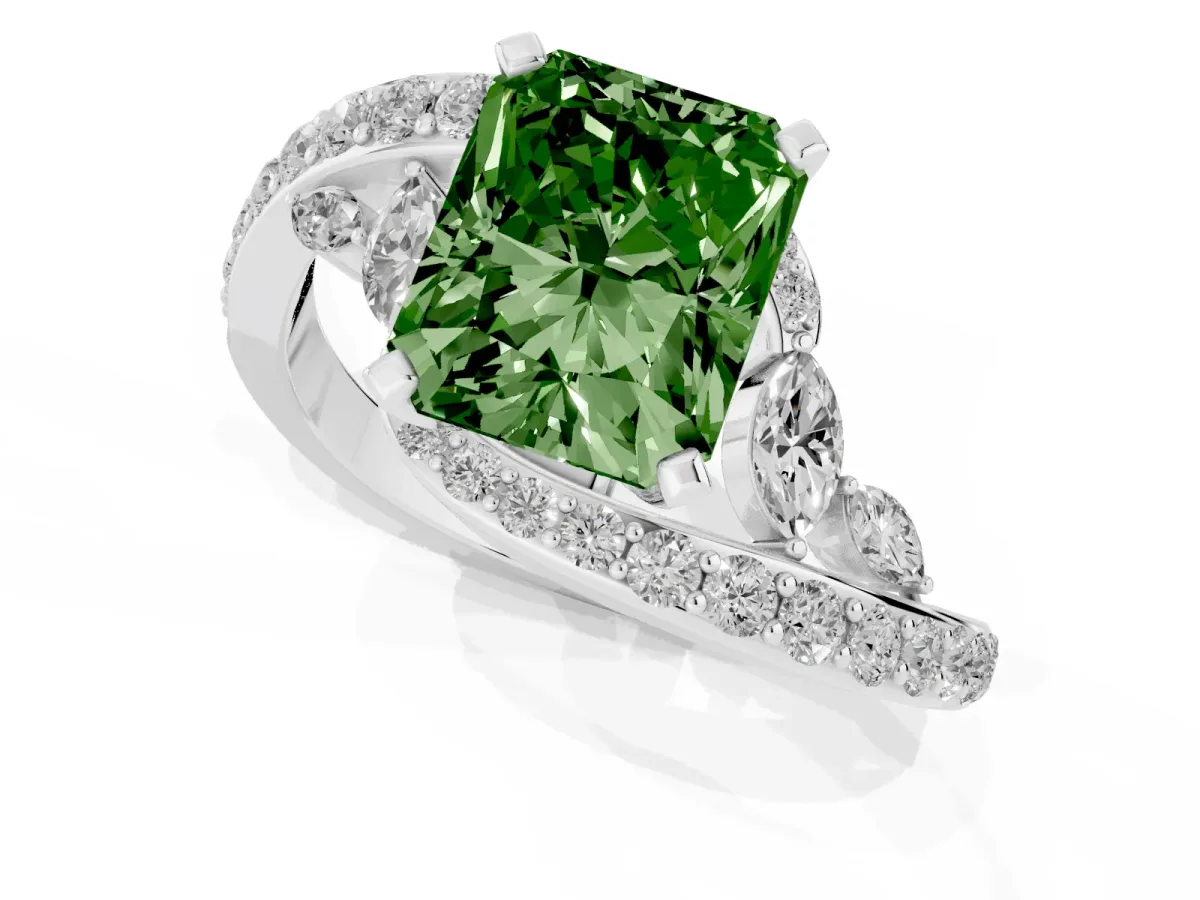 Fancy Green Radiant Cut Solitaire with Pavé Twist Band and Four-Prong Setting Platinum