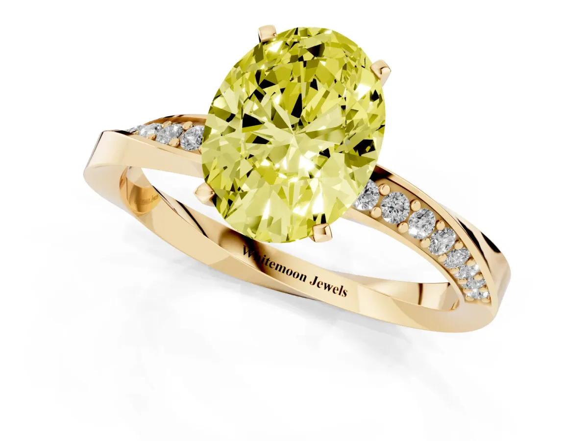 Fancy Yellow Oval Cut Diamond Engagement Ring with Side Stone Accents and Four-Prong Setting Yellow gold