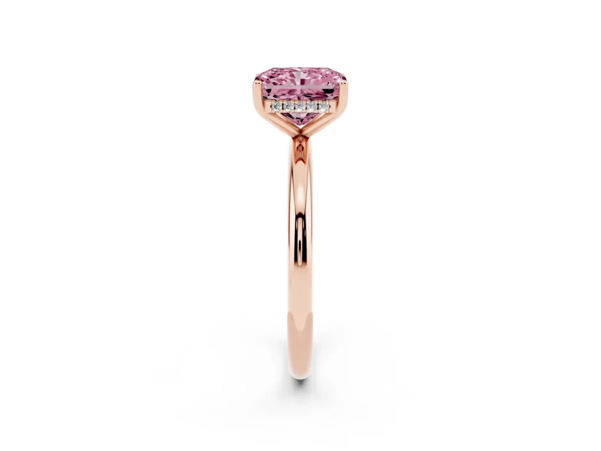 Fancy Pink Radiant Cut Cut Solitaire Engagement Ring with Four-Prong Setting and Classic Band Rose gold