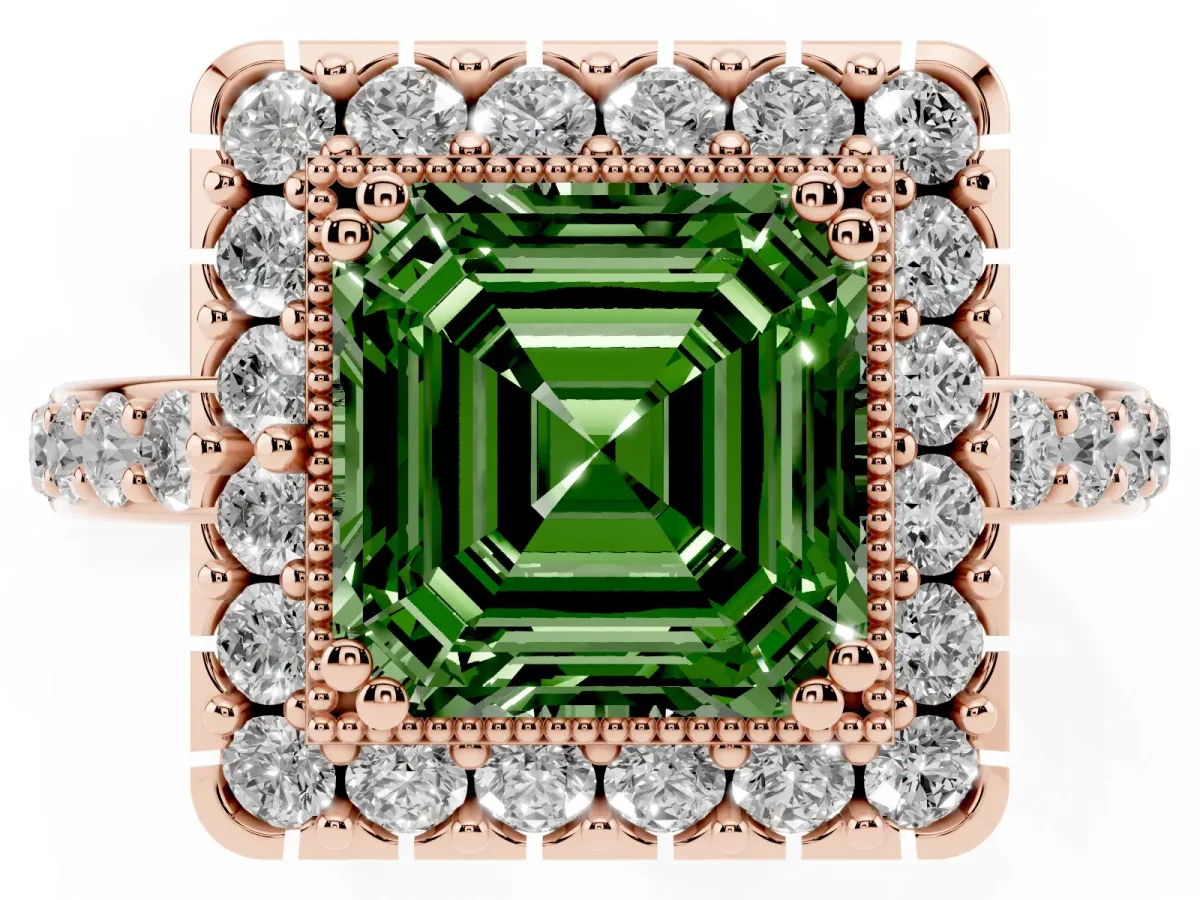 Fancy Green Asscher Cut Diamond Halo Ring with Pavé Band and Prong Setting Rose gold