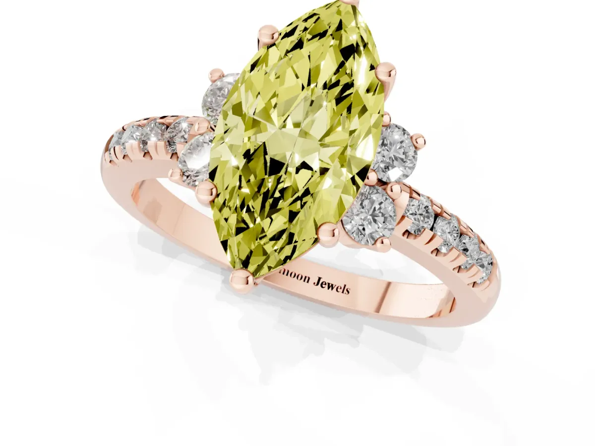 Fancy Yellow Marquise Cut Diamond Three-Stone Pave Band with Four-Prong Setting Rose gold