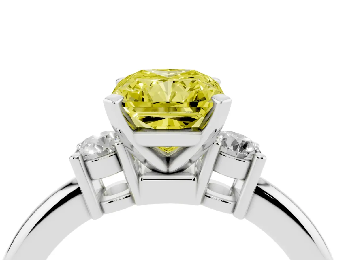 Fancy Yellow Three-Stone Radiant Cut Cut Diamond Solitaire with Prong Setting and Classic Band Silver
