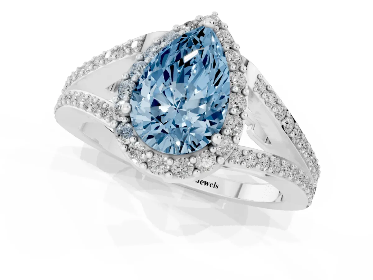 Fancy Blue Pear Cut Halo Split Shank Pave Diamond Ring with Four-Prong Setting Platinum