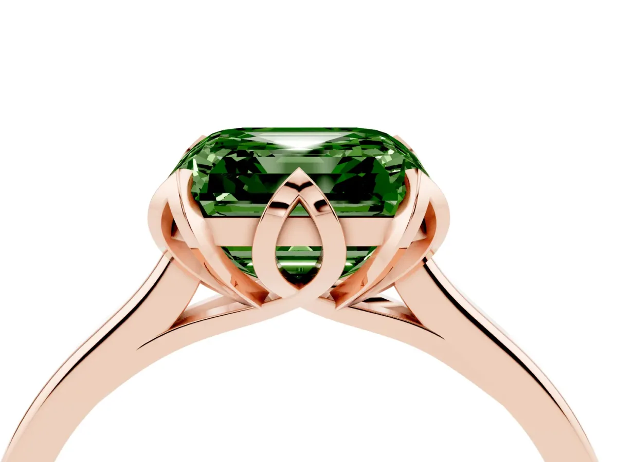Fancy Green Asscher Cut Diamond Solitaire Ring with Flower Prong Setting and Classic Band Rose gold