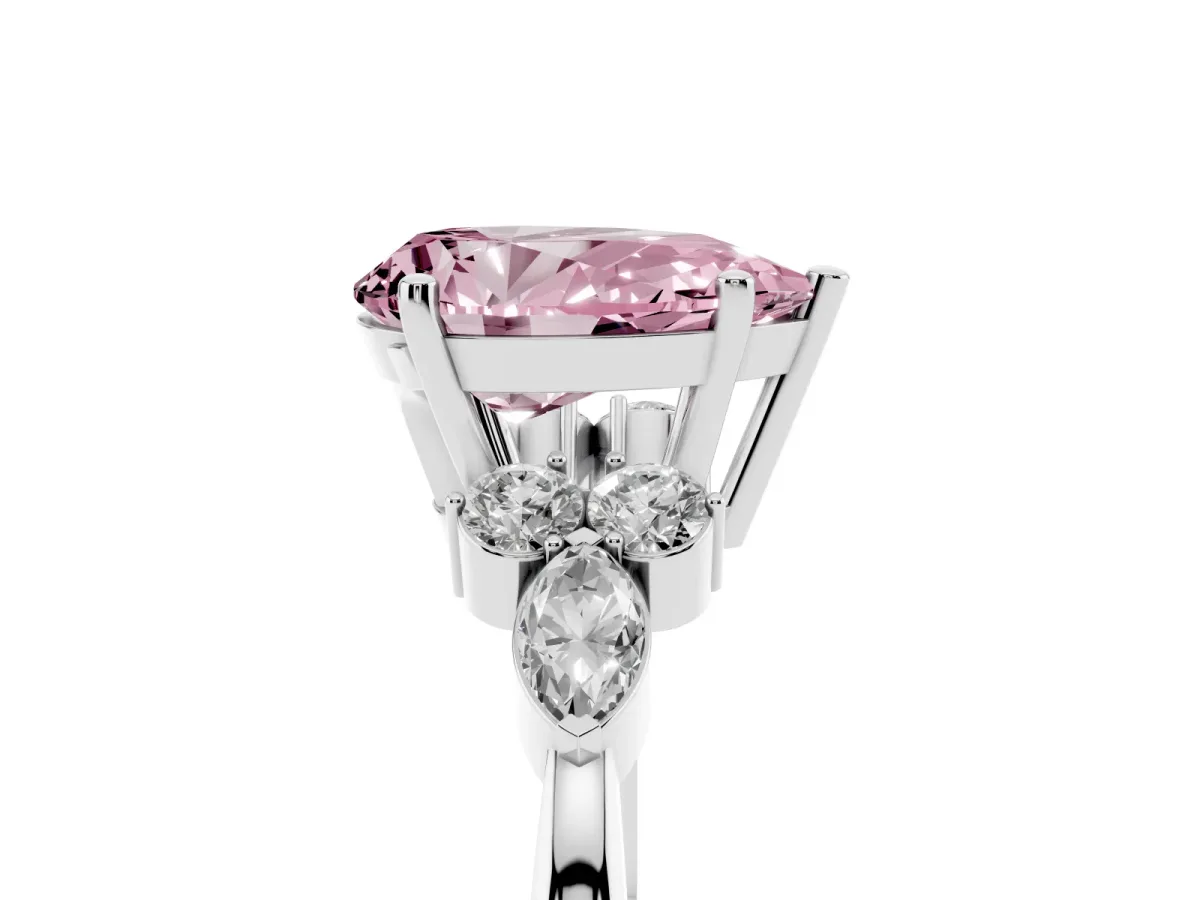 Fancy Pink Pear Cut Brilliant Diamond Solitaire Ring with Pear Side Stones and Four-Prong Setting Silver