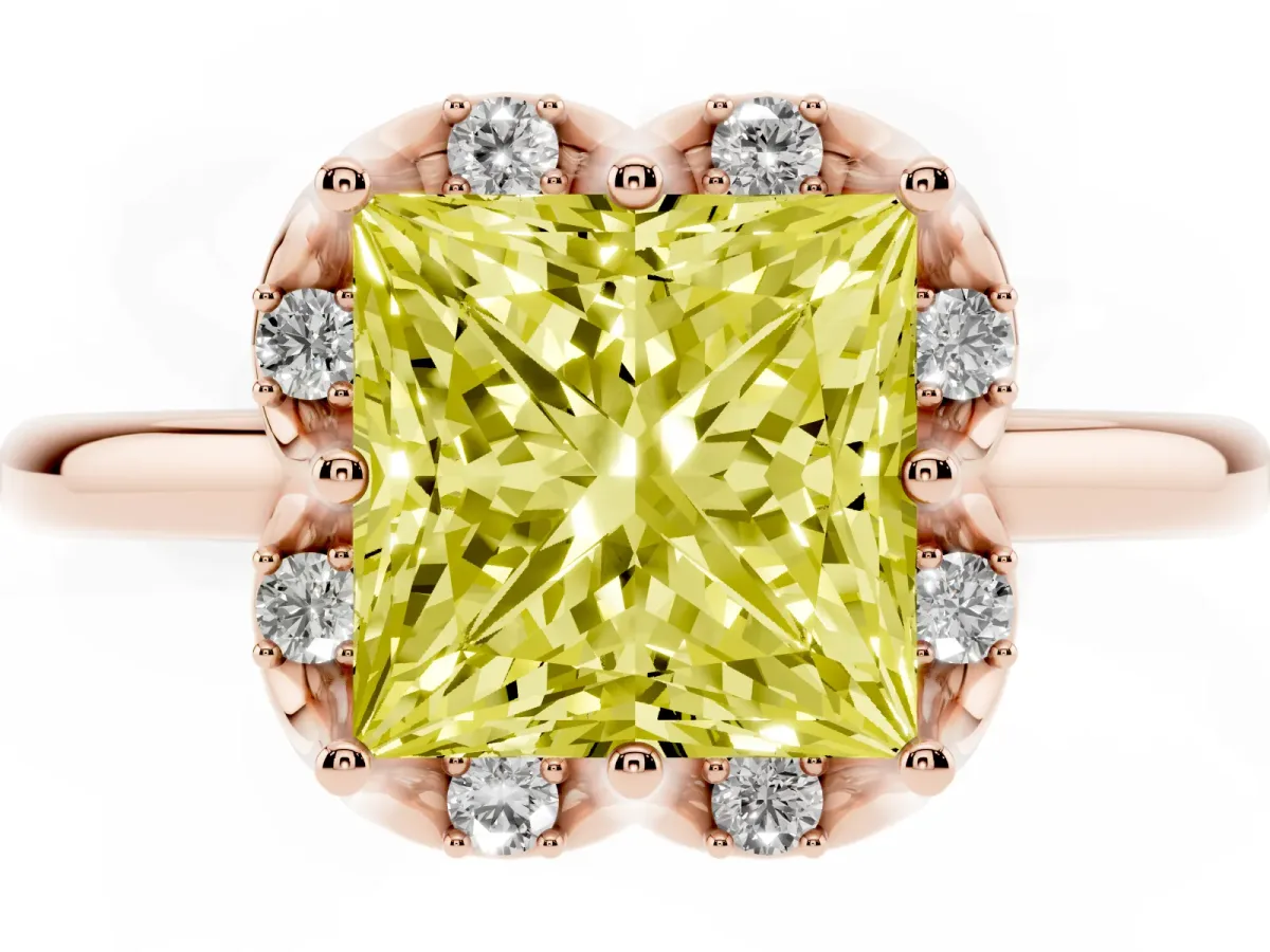 Fancy Yellow Princess Cut Halo Diamond Ring with Round Cluster Setting, Solitaire Band, and Four-Prong Setting Rose gold