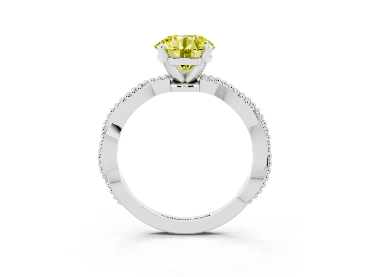 Fancy Yellow Round Cut Solitaire Twisted Band with Bead Prong Setting Platinum