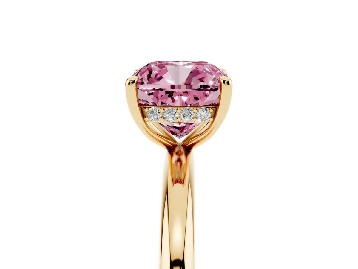 Fancy Pink Cushion Cut Diamond Solitaire Ring with Thin Band and Four-Prong Setting Yellow gold