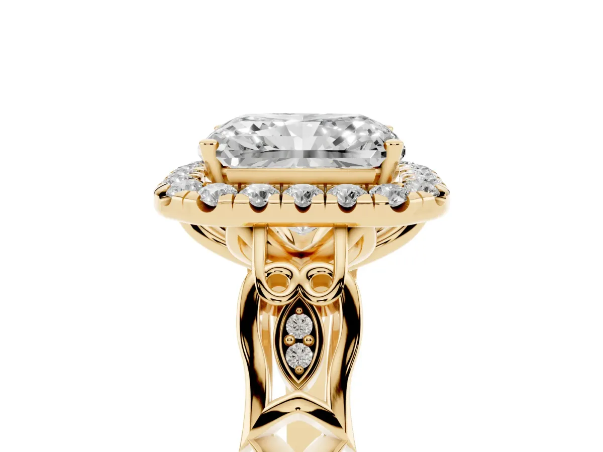 Radiant Cut Halo Diamond Engagement Ring with Filigree Band and Four-Prong Setting Yellow gold