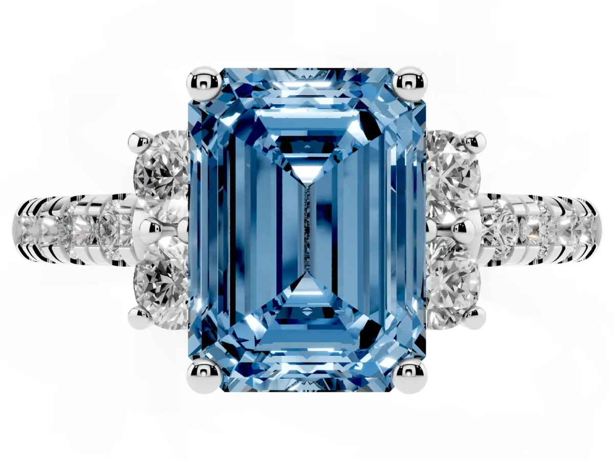 Fancy Blue Emerald Cut Diamond Three-Stone Pave Band with Four-Prong Setting Platinum