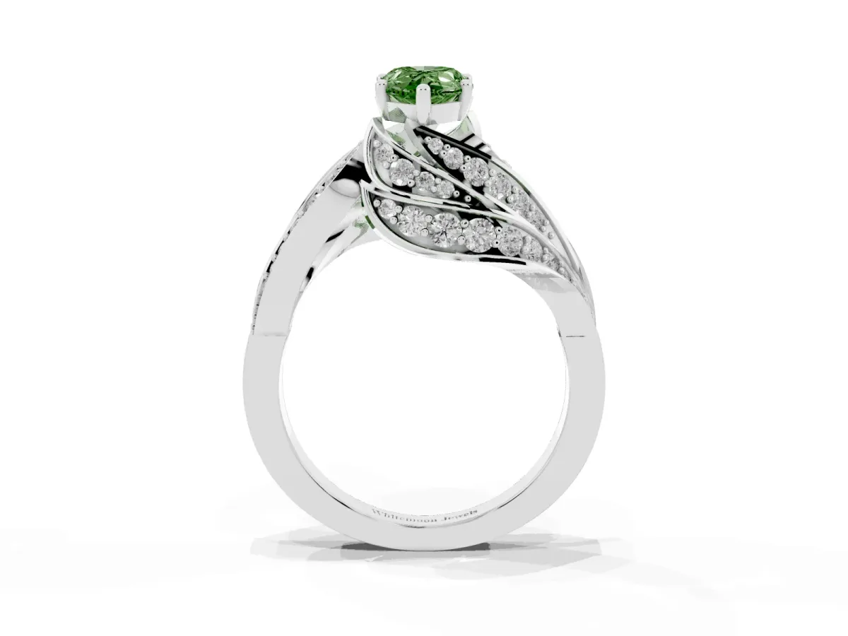 Fancy Green Pear Cut Diamond Solitaire Ring with Prong Setting and Twisted Pavé Band Silver