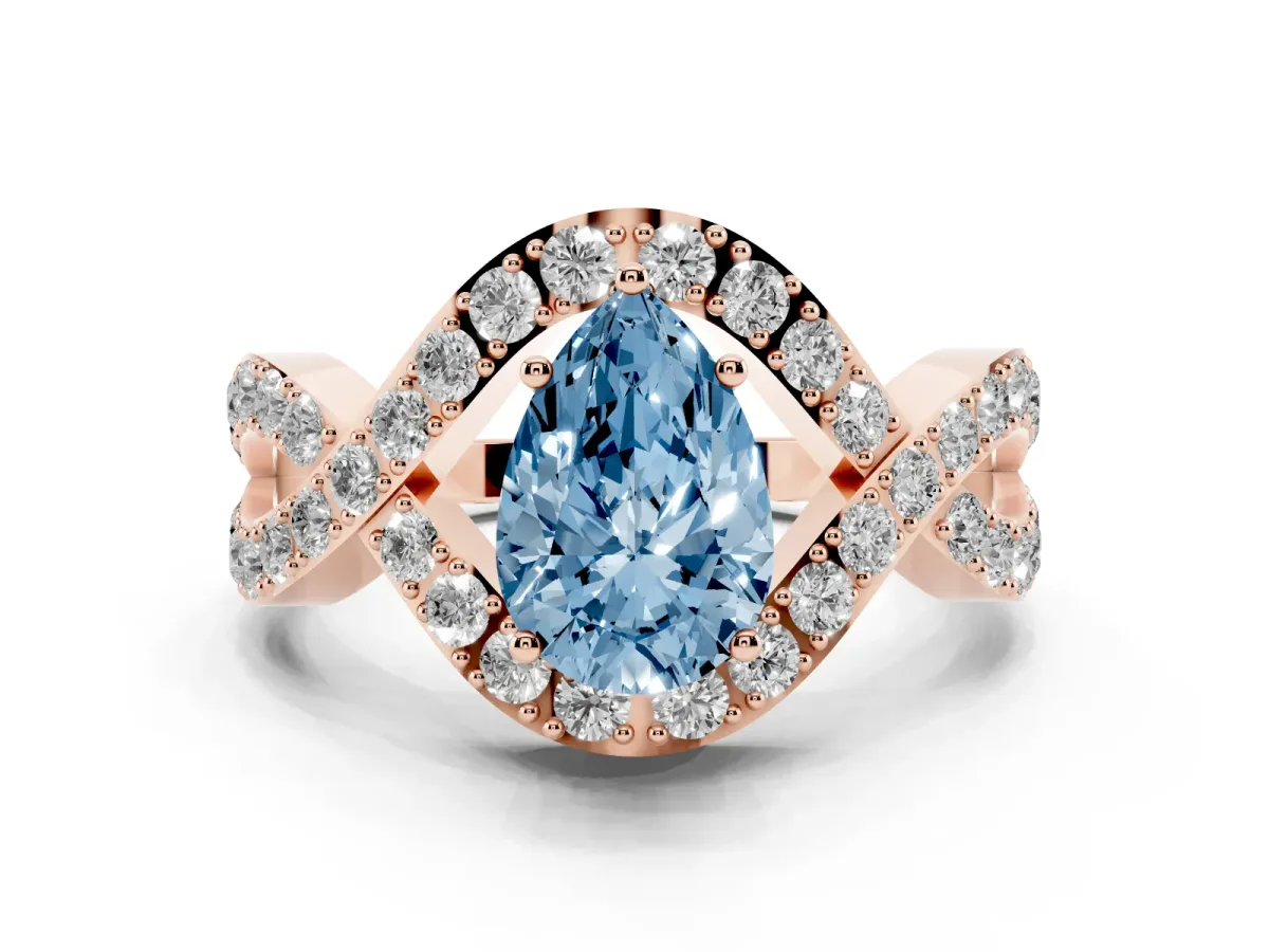 Fancy Blue Pear Cut Solitaire Twist Band Pavé Diamond Engagement Ring Rose gold