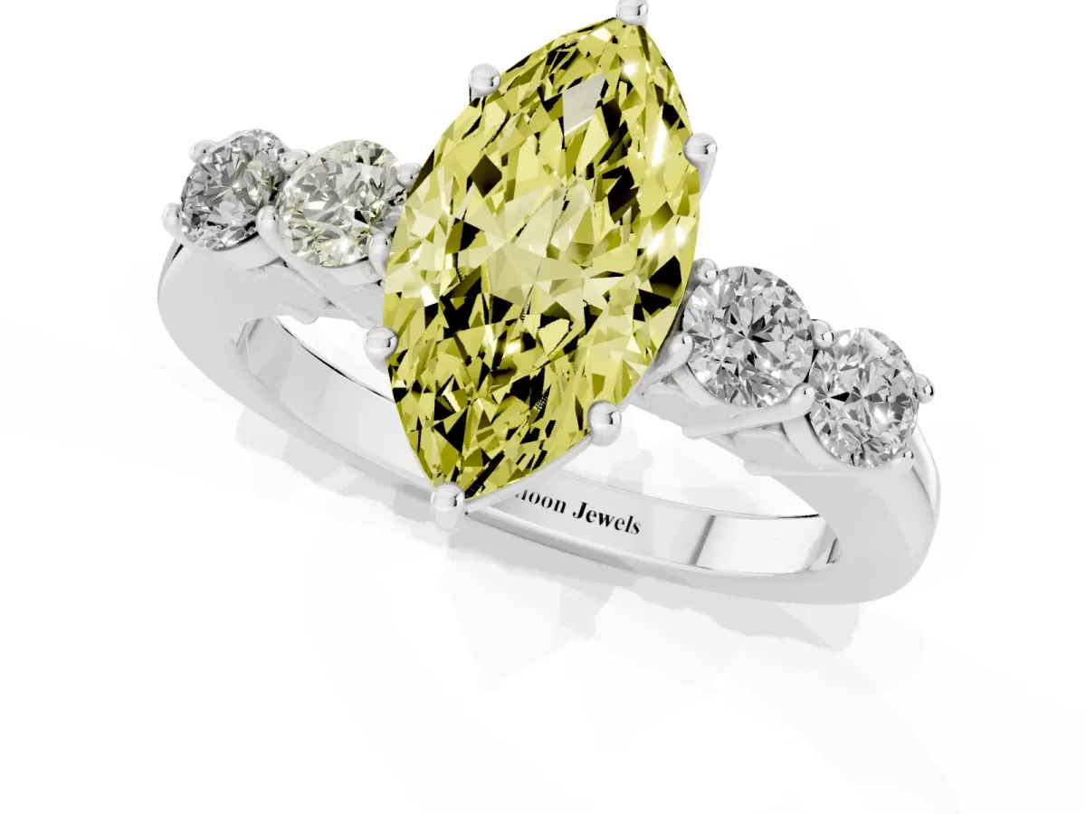 Fancy Yellow Marquise Cut Cut Diamond Five-Stone Prong Set White Gold Ring Silver