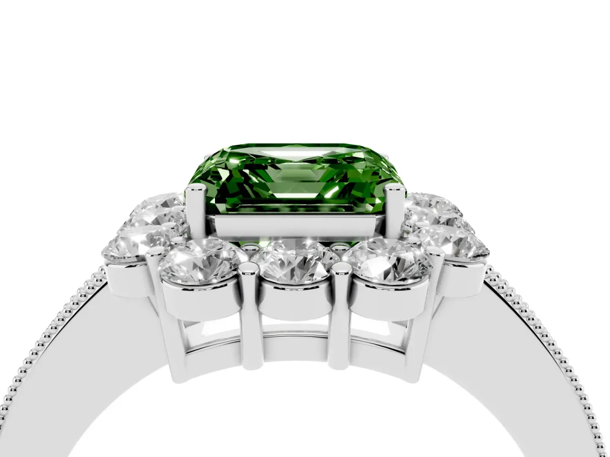 Fancy Green Asscher Cut Cut Halo Diamond Pavé Engagement Ring with Milgrain Detailing Platinum