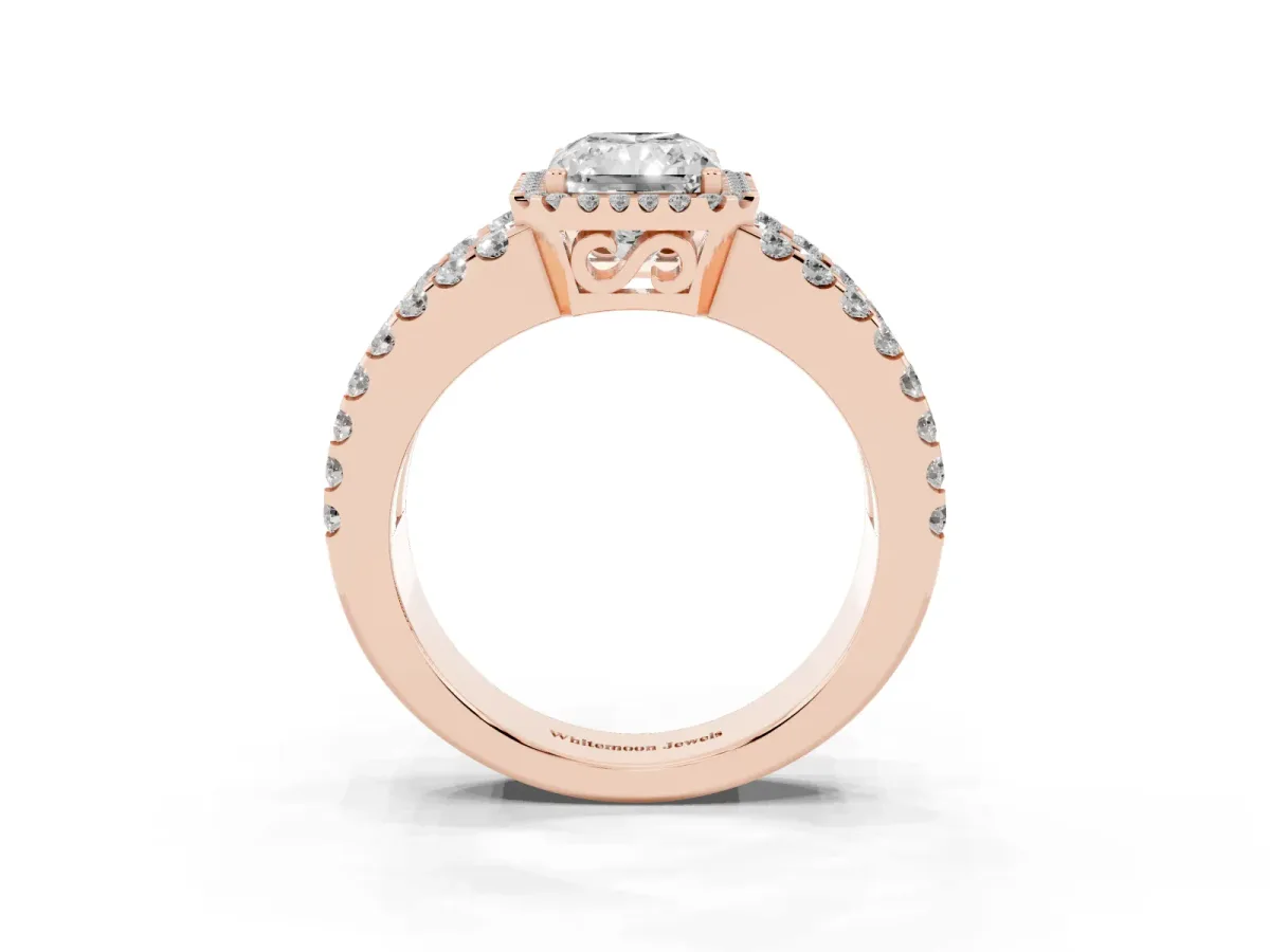 Radiant Cut Cut Halo Split Shank Diamond Ring with Four-Prong Setting Rose gold