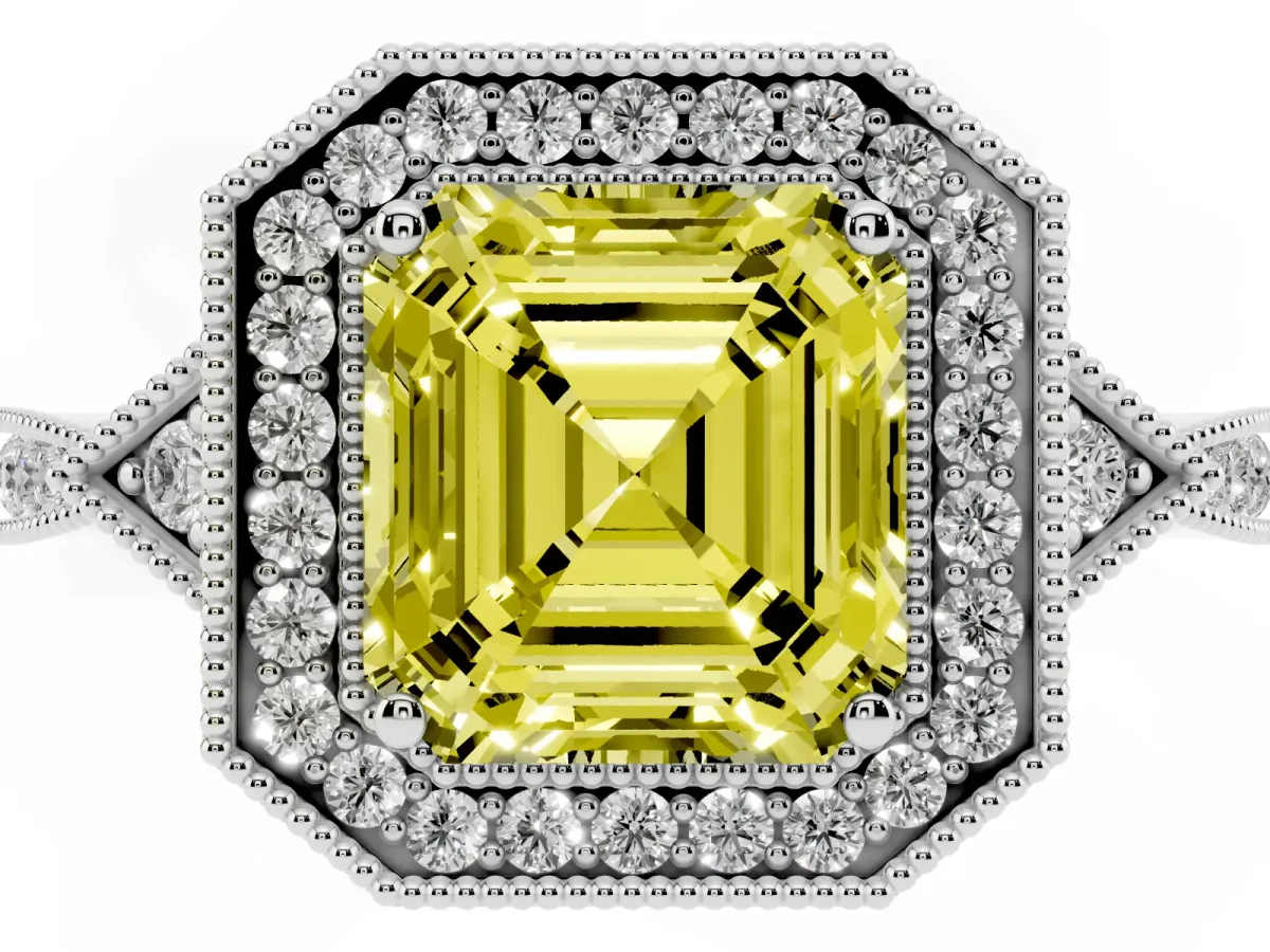 Fancy Yellow Asscher Cut Halo Round Diamond Milgrain Pave Engagement Ring White gold