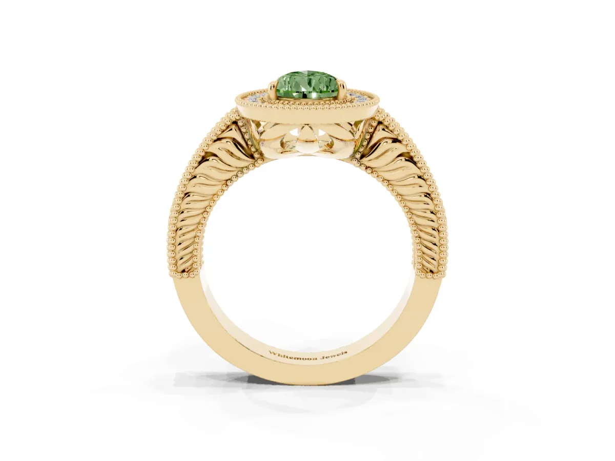 Fancy Green Pear Cut Cut Halo Diamond Ring with Pavé Band and Four-Prong Setting Yellow gold