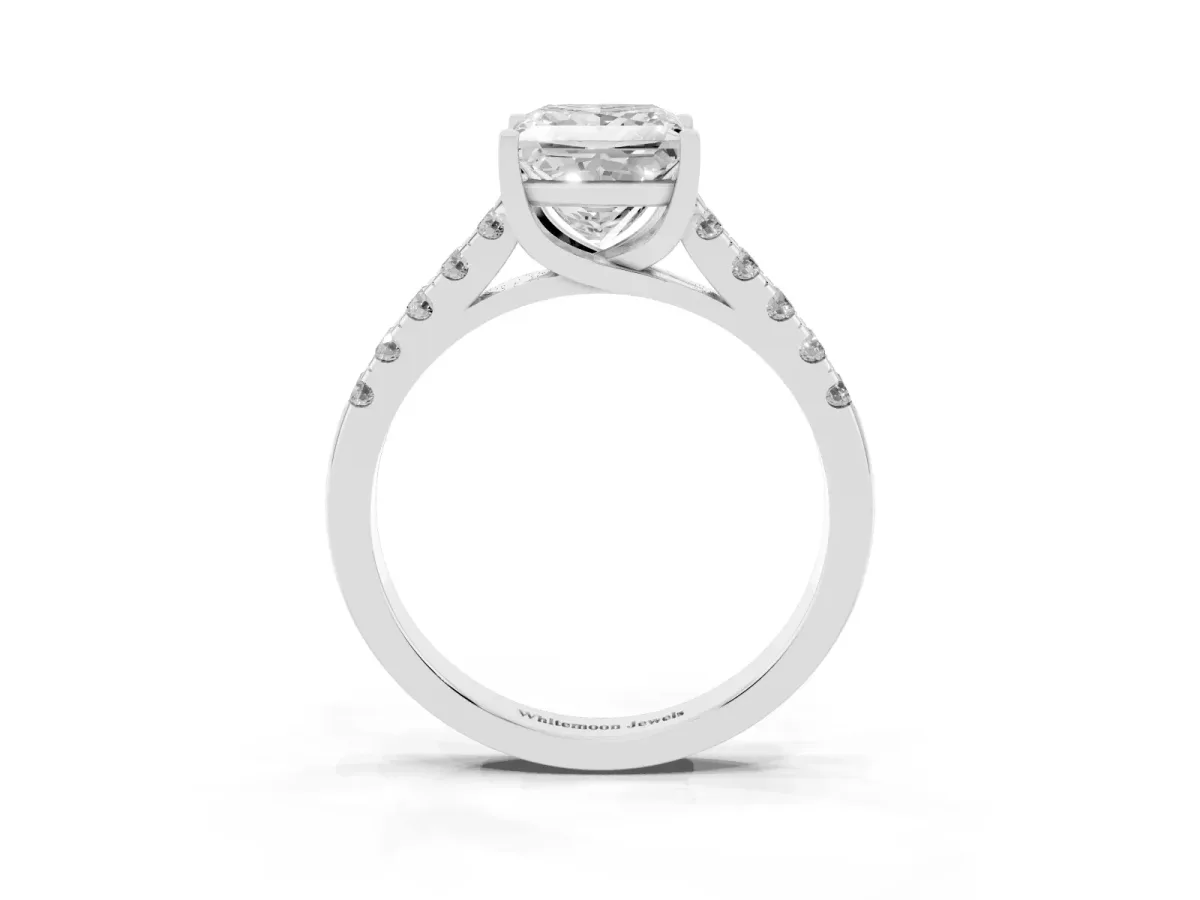 Princess Cut Diamond Pavé Band Solitaire Ring with Prong Setting Silver