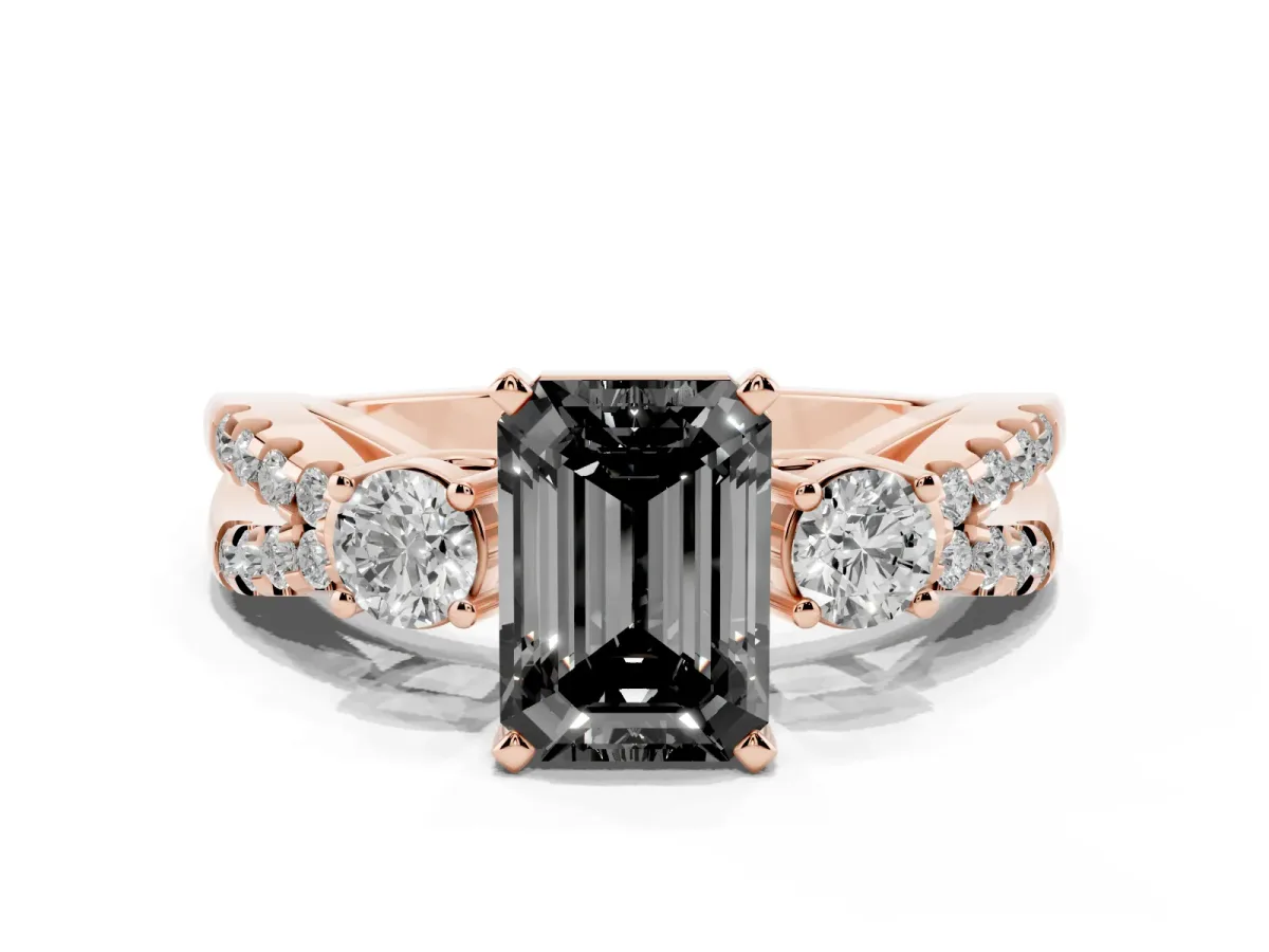 Fancy Black Emerald Cut Diamond Three-Stone Ring with Pavé Split Shank and Four-Prong Setting Rose gold