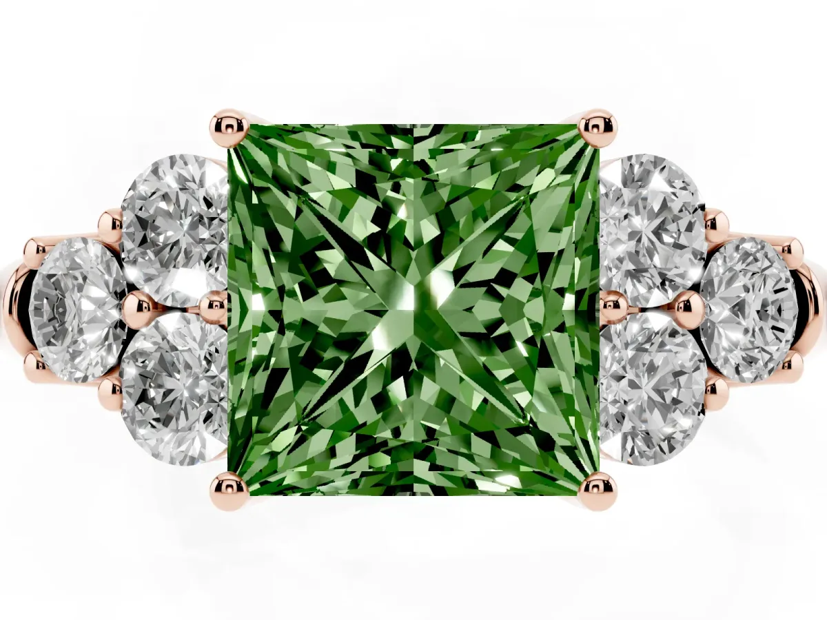 Fancy Green Princess Cut Cut Diamond Cluster Ring with Round Accent Stones and Prong Setting on a Classic Band Rose gold