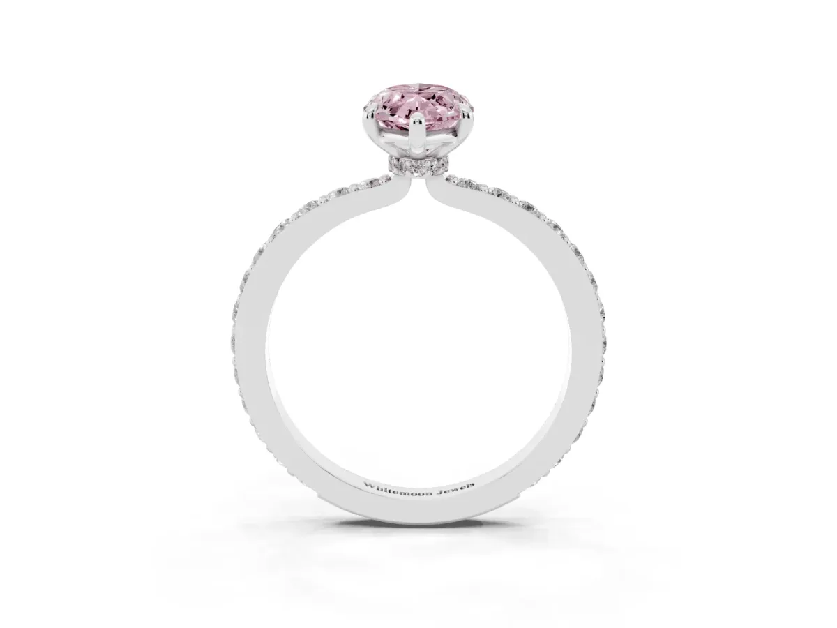 Fancy Pink Marquise Cut Diamond Pavé Engagement Ring with Round Accents and Prong Setting White gold