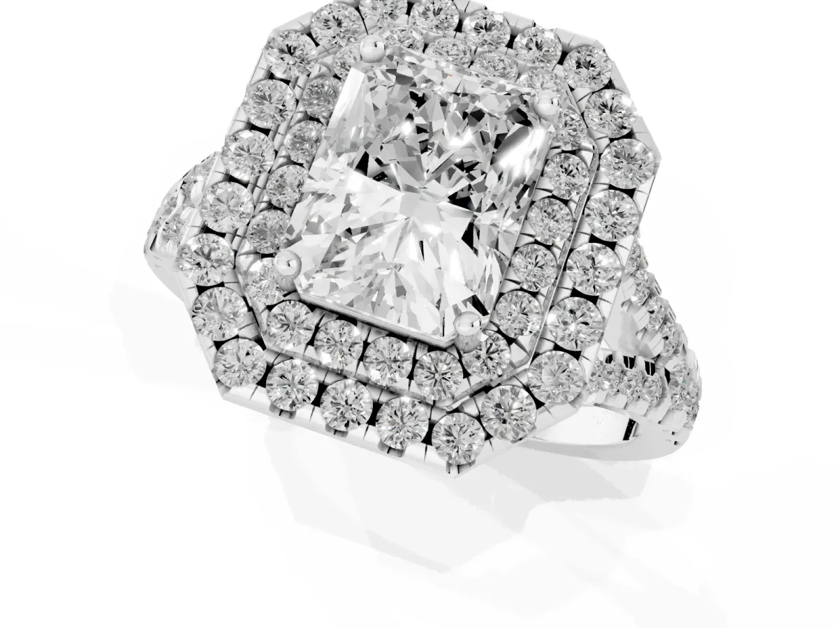 Double Halo Radiant Cut Diamond Pavé Split Shank Ring with Prong Setting Silver