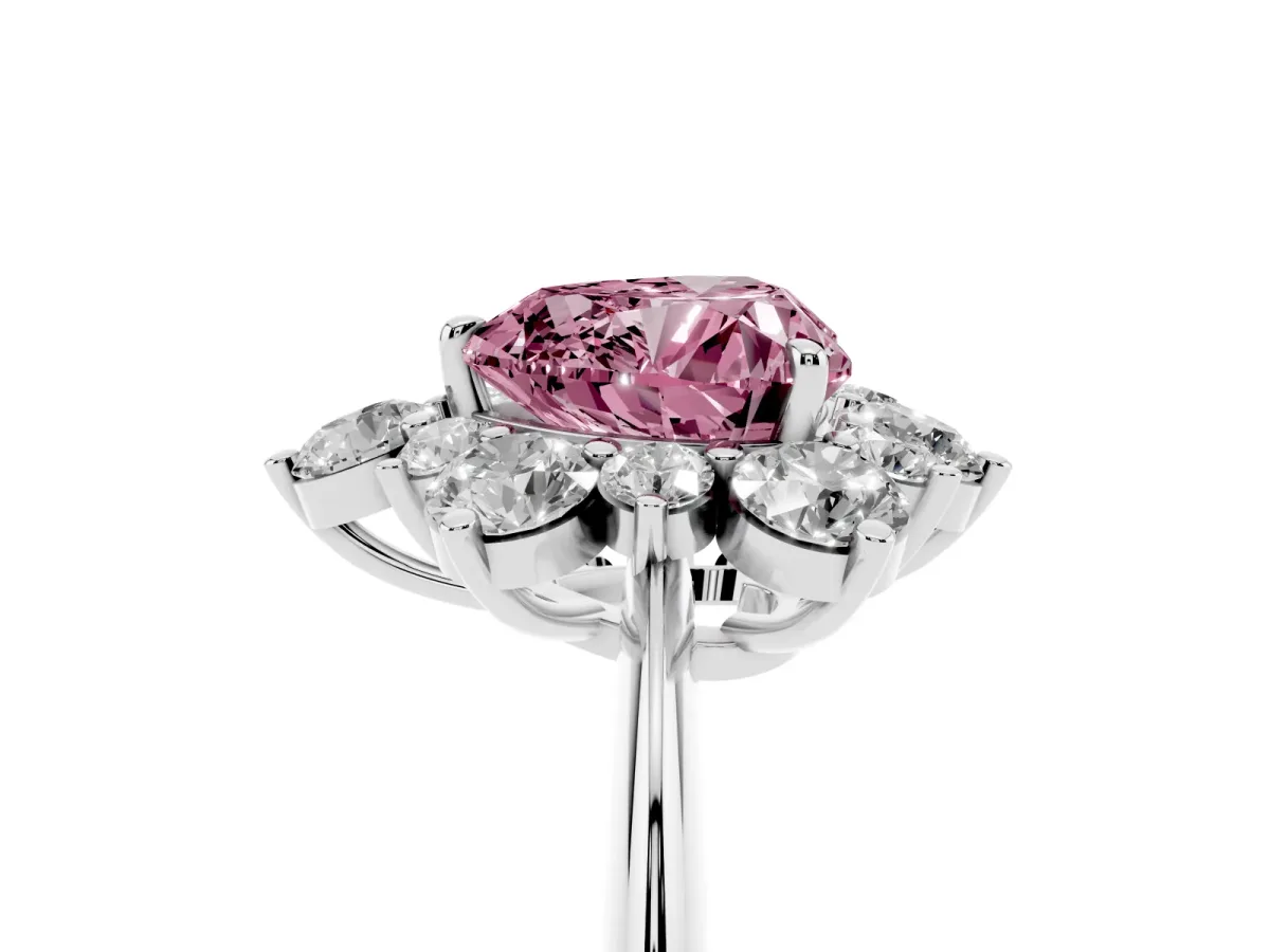 Fancy Pink Heart Cut Diamond Cluster Halo Ring with Solitaire Band and Four-Prong Setting Silver