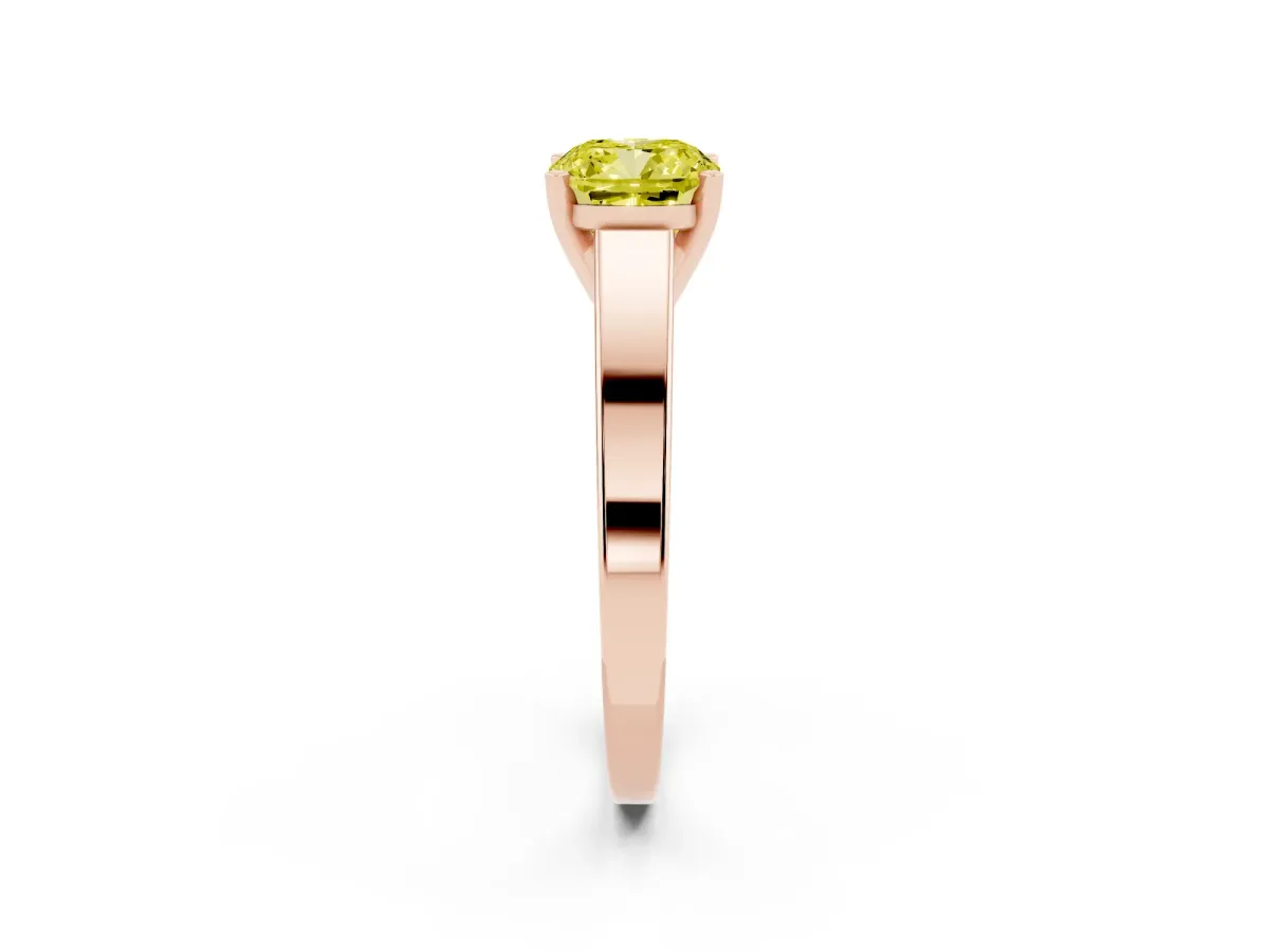 Fancy Yellow Cushion Cut Solitaire Engagement Ring with Four-Prong Setting and Tapered Band Rose gold