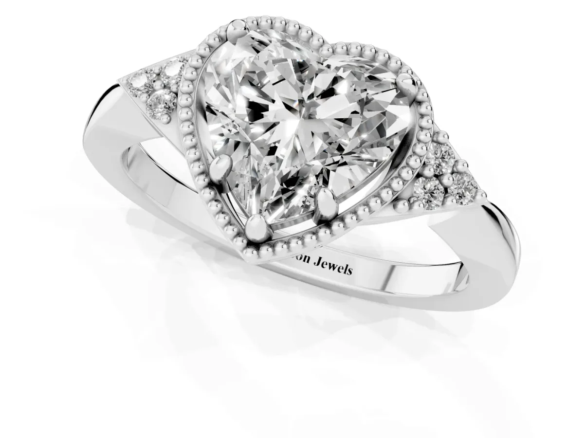 Heart Cut Diamond Halo Ring with Tapered Band and Four-Prong Setting White gold