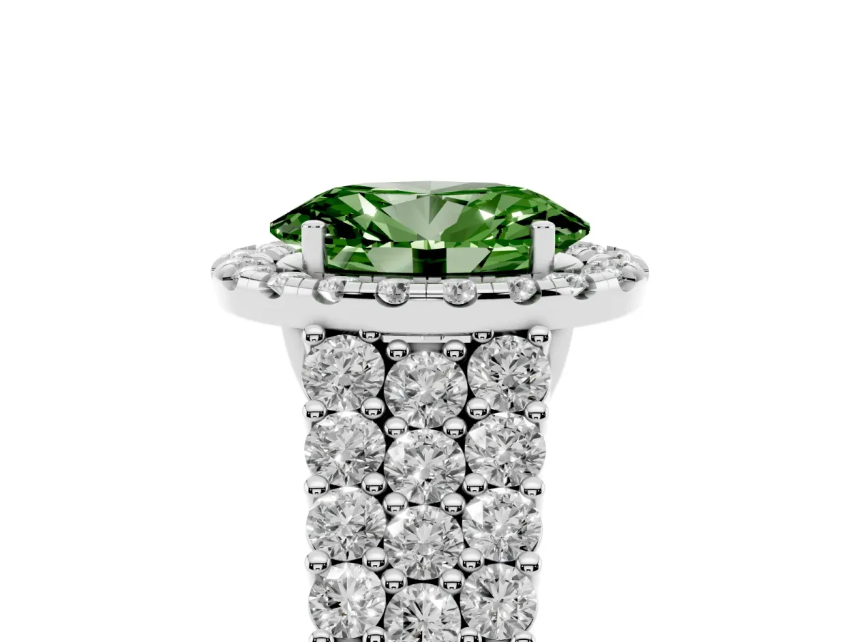 Fancy Green Oval Cut Diamond Halo Engagement Ring with Triple Row Round Pavé Band and Prong Setting Platinum