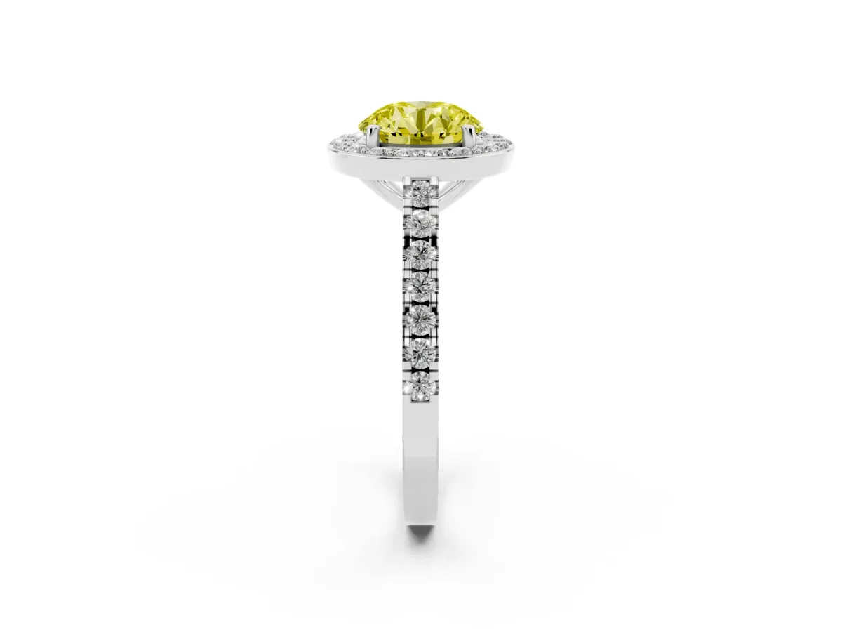 Fancy Yellow Round Cut Diamond Halo Ring with Round Pavé Split Shank and Prong Setting Silver