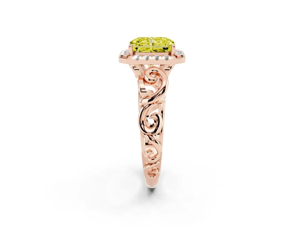 Fancy Yellow Radiant Cut Cut Halo Diamond Ring with Scrollwork Band and Four-Prong Setting Rose gold