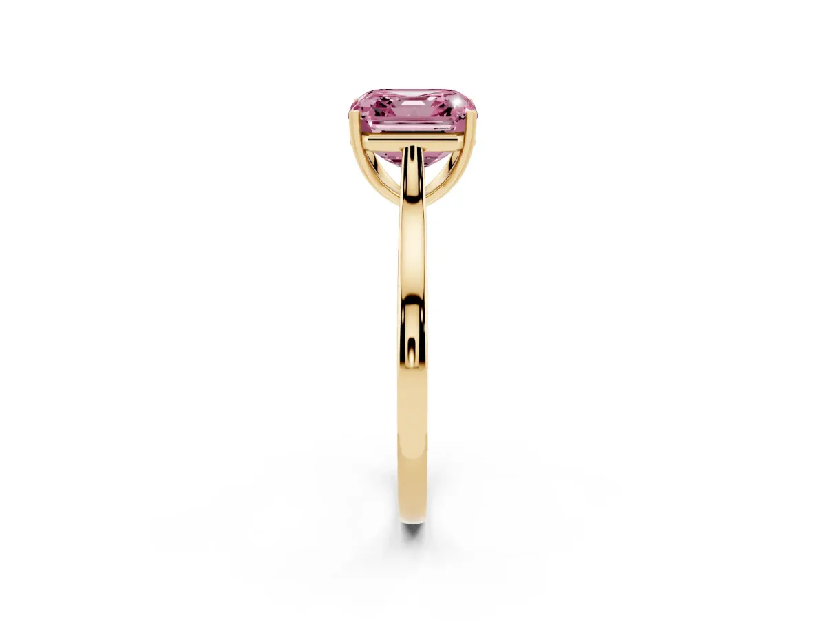 Fancy Pink Asscher Cut Solitaire Heart Prong Engagement Ring with Tapered Band Yellow gold
