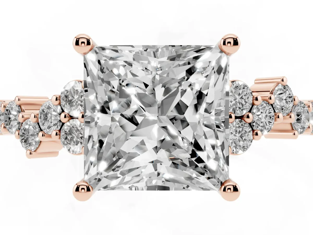 Princess Cut Diamond Scattered Round Accent Ring with Prong Setting Rose gold