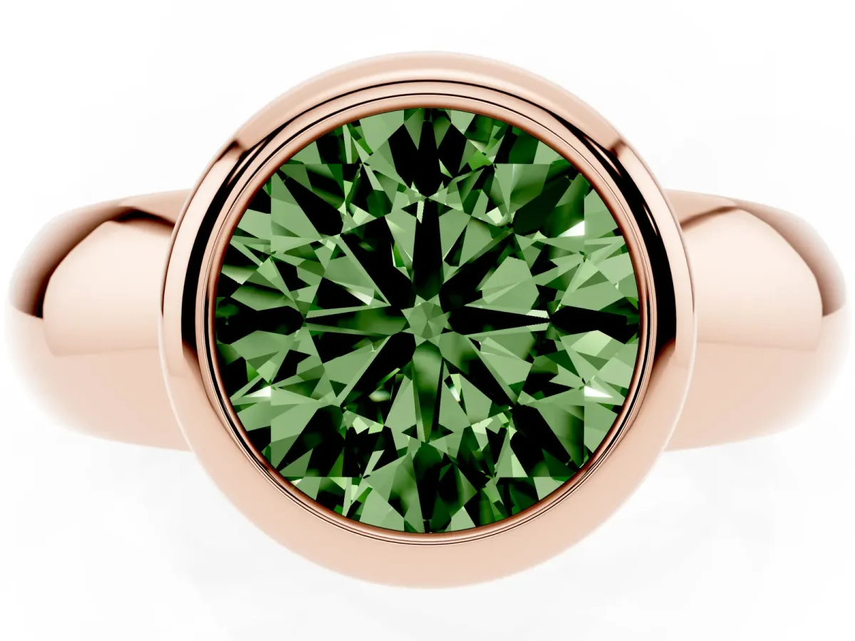 Fancy Green Bezel Set Round Cut Solitaire Ring with Wide Band Rose gold