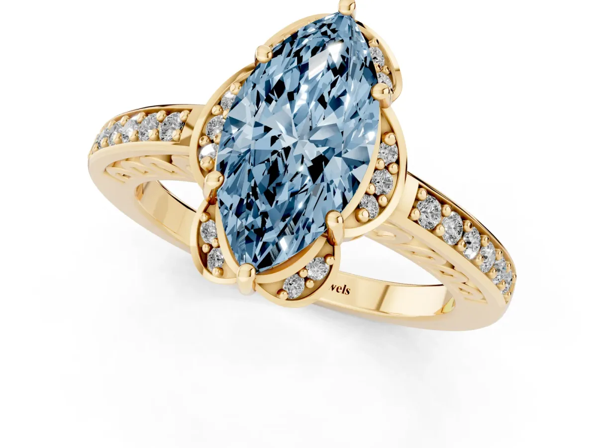 Fancy Blue Marquise Cut Cut Halo Diamond Ring with Channel Set Band and Four-Prong Setting Yellow gold
