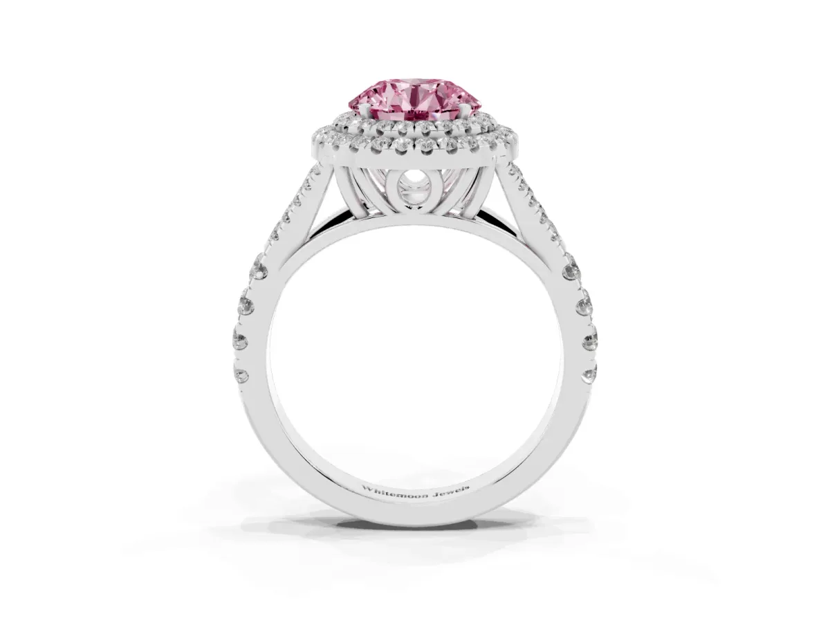 Fancy Pink Round Cut Cut Double Halo Split Shank Diamond Ring with Prong Setting Silver