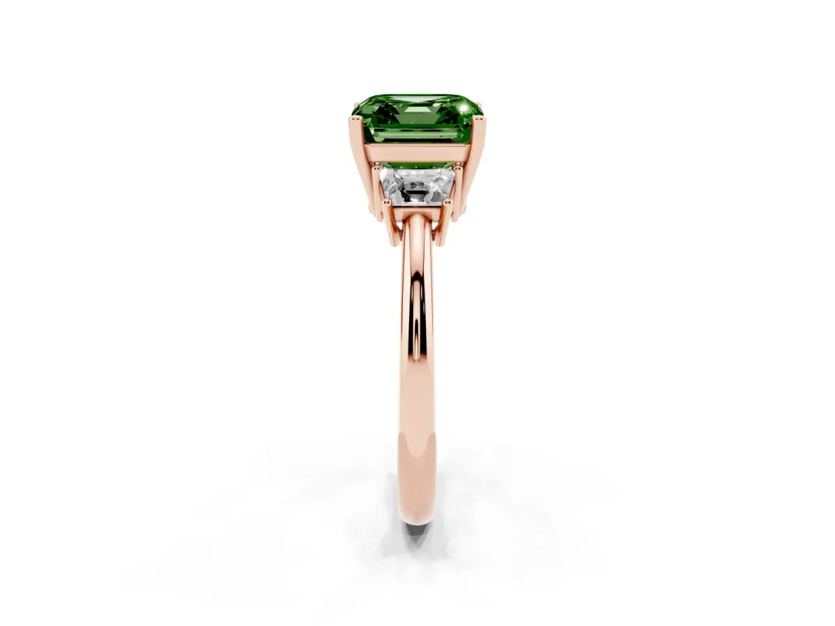 Fancy Green Asscher Cut Diamond Three-Stone Ring with Trapezoid Side Stones and Prong Setting Rose gold