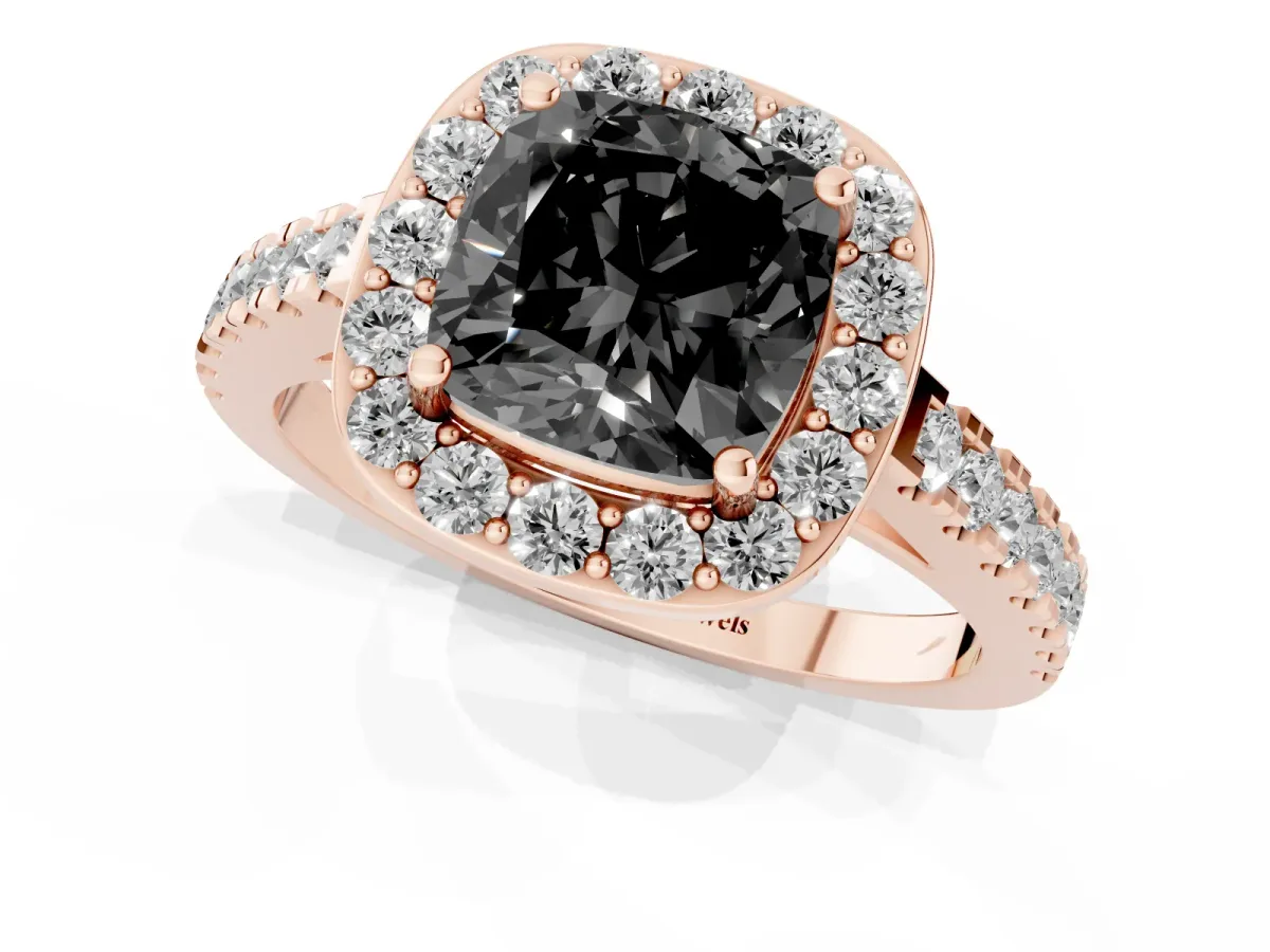 Fancy Black Cushion Cut Diamond Halo Ring with Round Pavé Split Shank and Prong Setting Rose gold