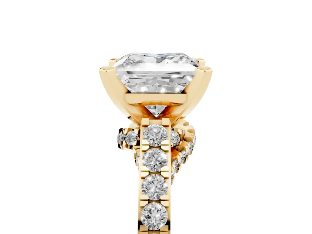 Princess Cut Diamond Solitaire Ring with Crossover Gallery and Round Pavé Band Yellow gold