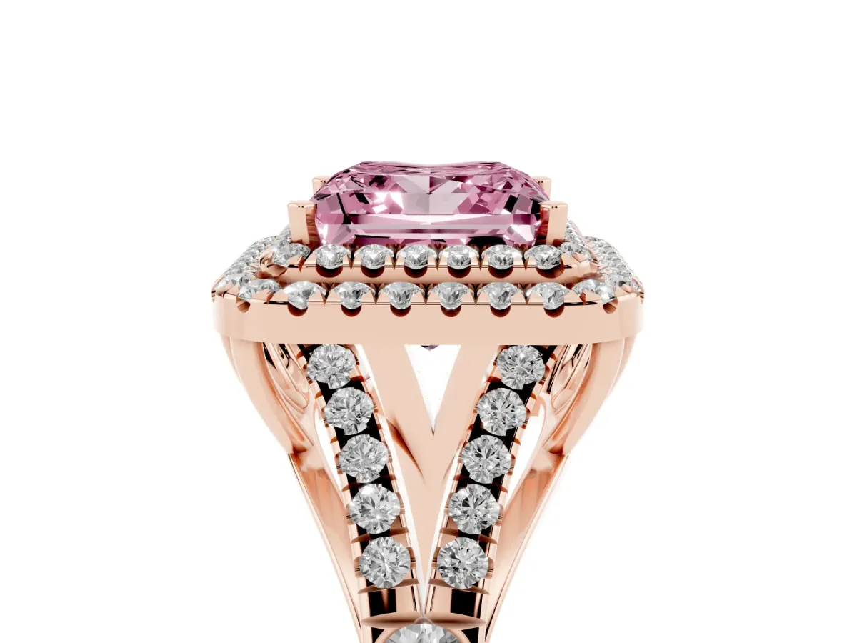Fancy Pink Double Halo Princess Cut Diamond Split Shank Engagement Ring with Four-Prong Setting Rose gold