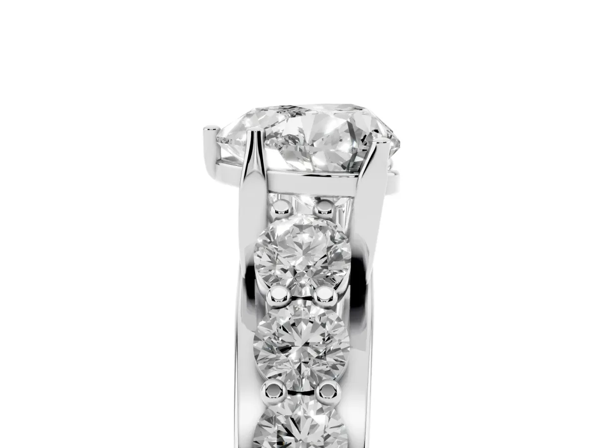 Heart Cut Diamond Engagement Ring with Pavé Band and Four-Prong Setting Silver
