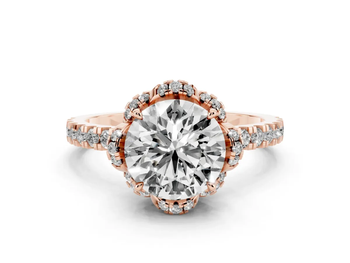 Round Cut Diamond Halo Pave Band with Four-Prong Setting Rose gold
