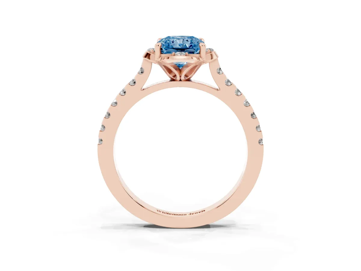 Fancy Blue Radiant Cut Diamond Ring with Pavé Band and Floral Prong Setting Rose gold