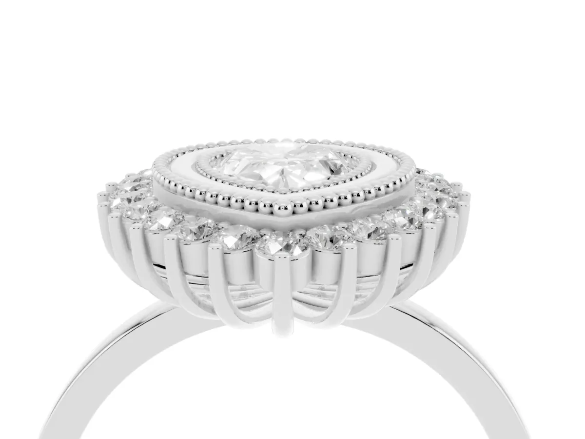 Pear Cut Halo Diamond Ring with Milgrain Edge and Round Prong Setting Silver