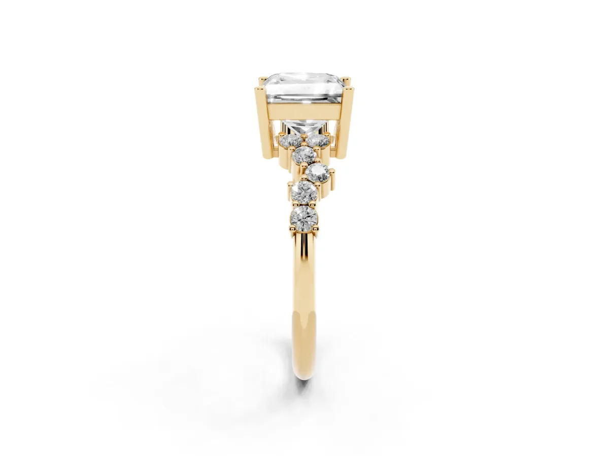 Princess Cut Diamond Scattered Round Accent Ring with Prong Setting Yellow gold