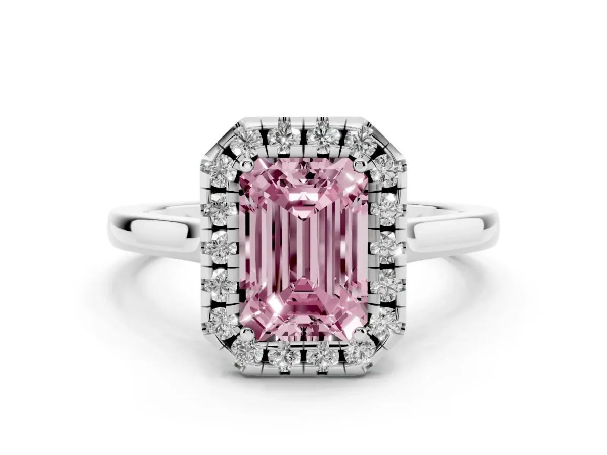 Fancy Pink Emerald Cut Halo Round Diamond Solitaire Ring with Pavé Band and Four-Prong Setting White gold